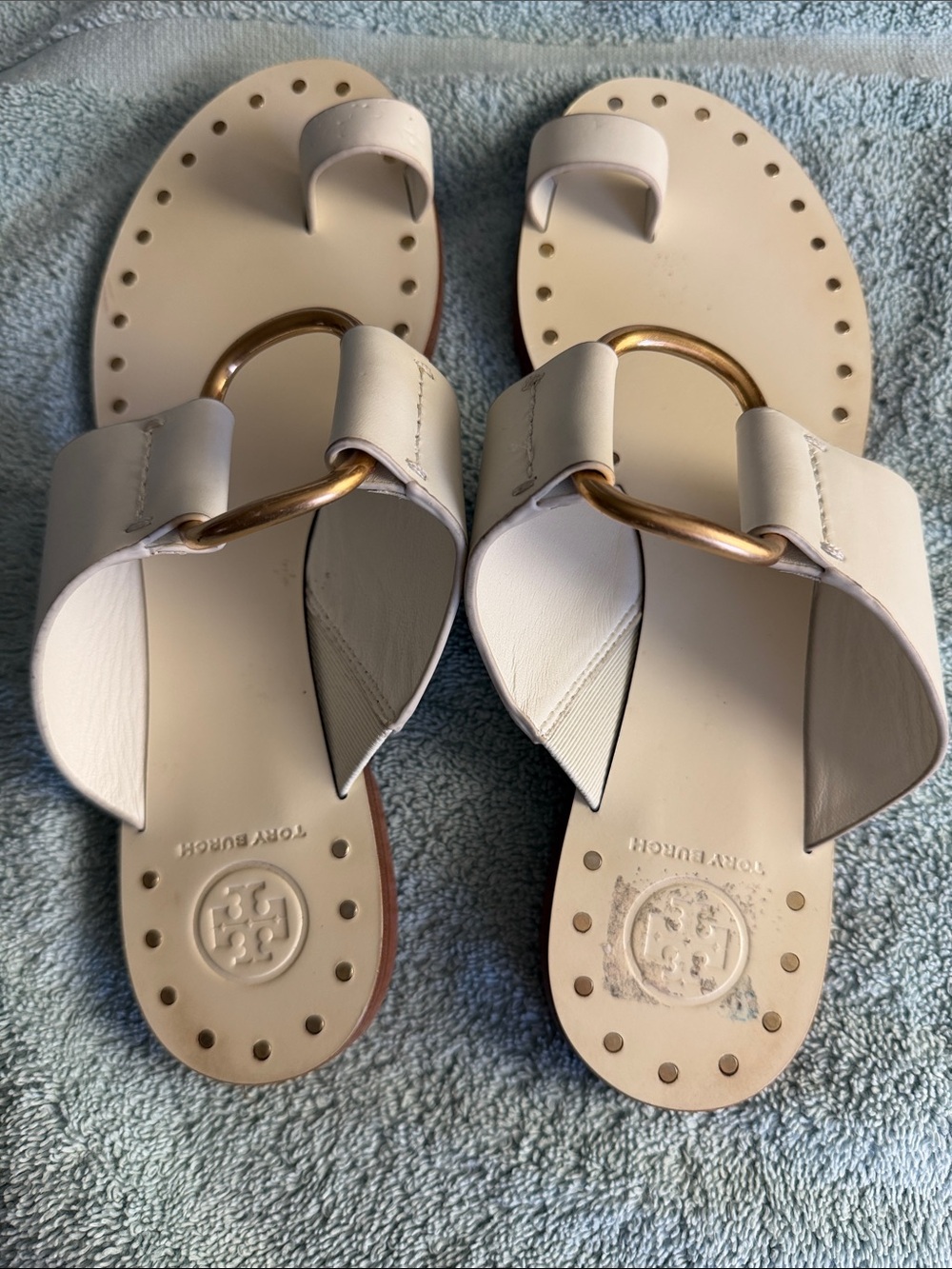 Tory Burch Cream Leather Slide Sandals with Gold Ring Accent - Picture 2 of 13